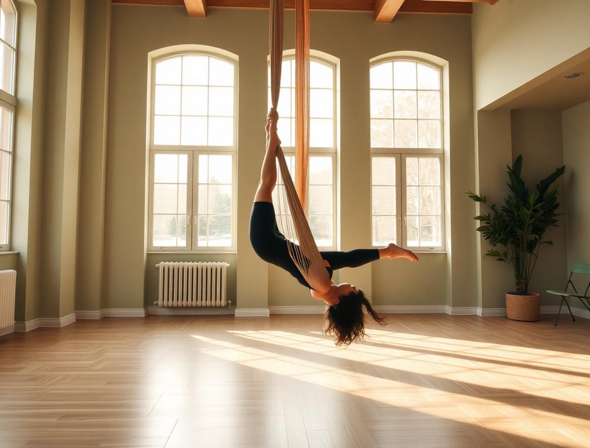 Woman supported in a fabric aerial yoga hammock in the sunlit studio