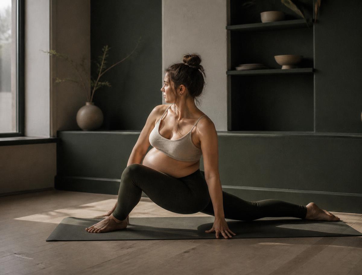 Expectant mother mid-movement on a mat in the studio, lit from the side