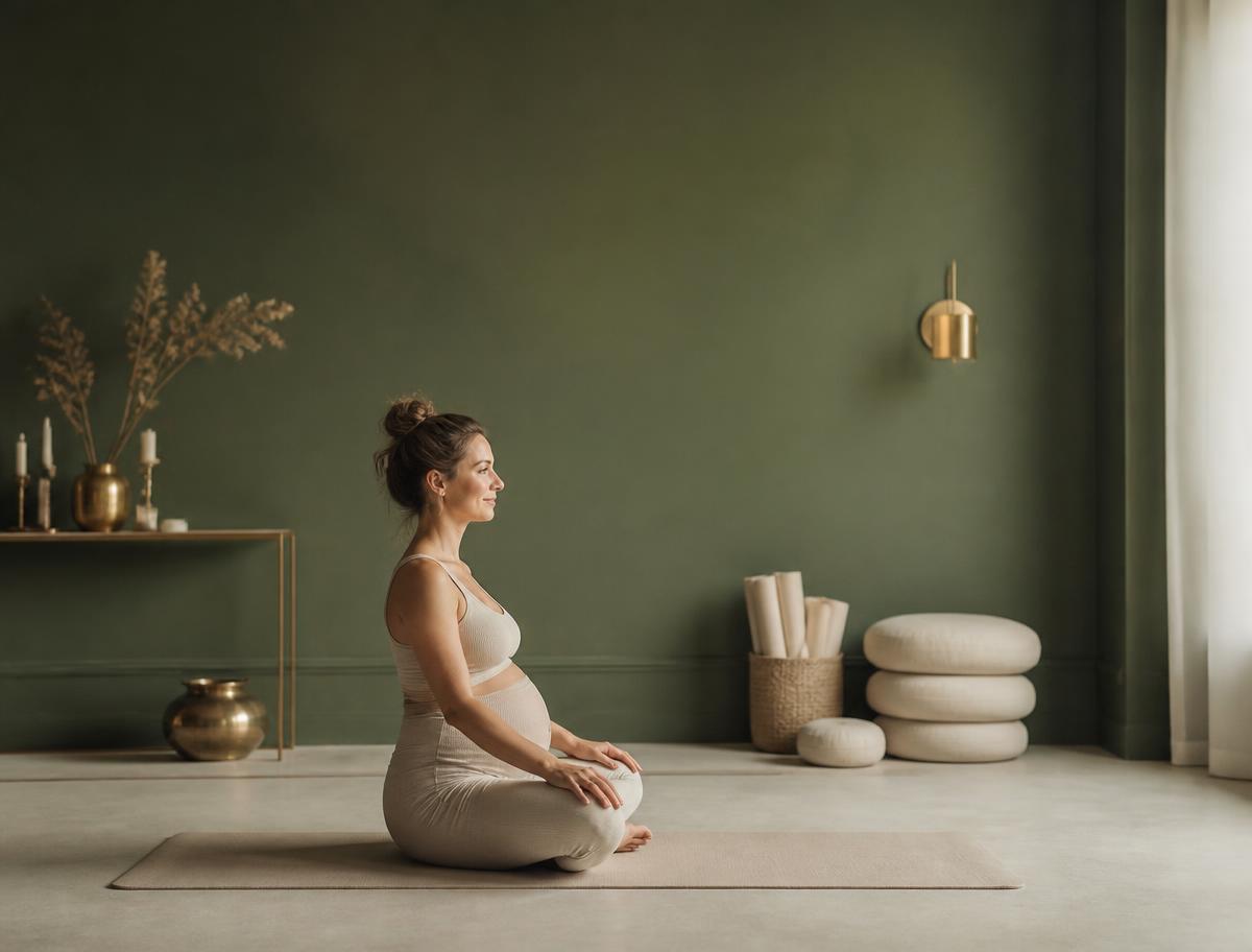 Expectant mother mid-movement on a mat in the studio, lit from the side