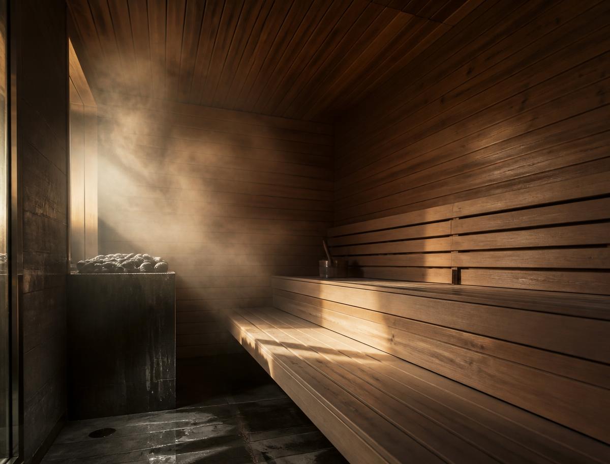 Empty cedar steam room with steam drifting through raking light