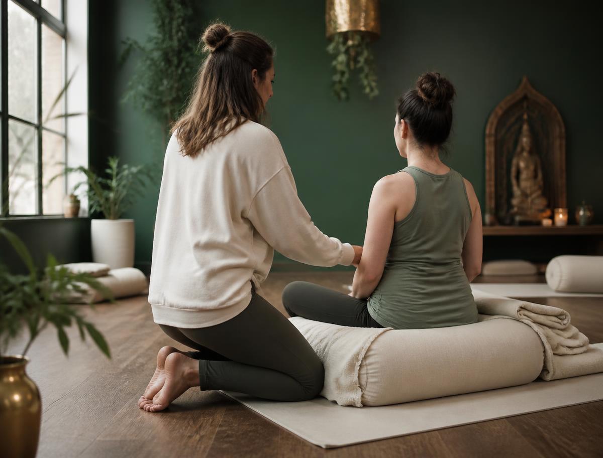 Instructor guiding a seated supported stretch in the Veda Pilates studio